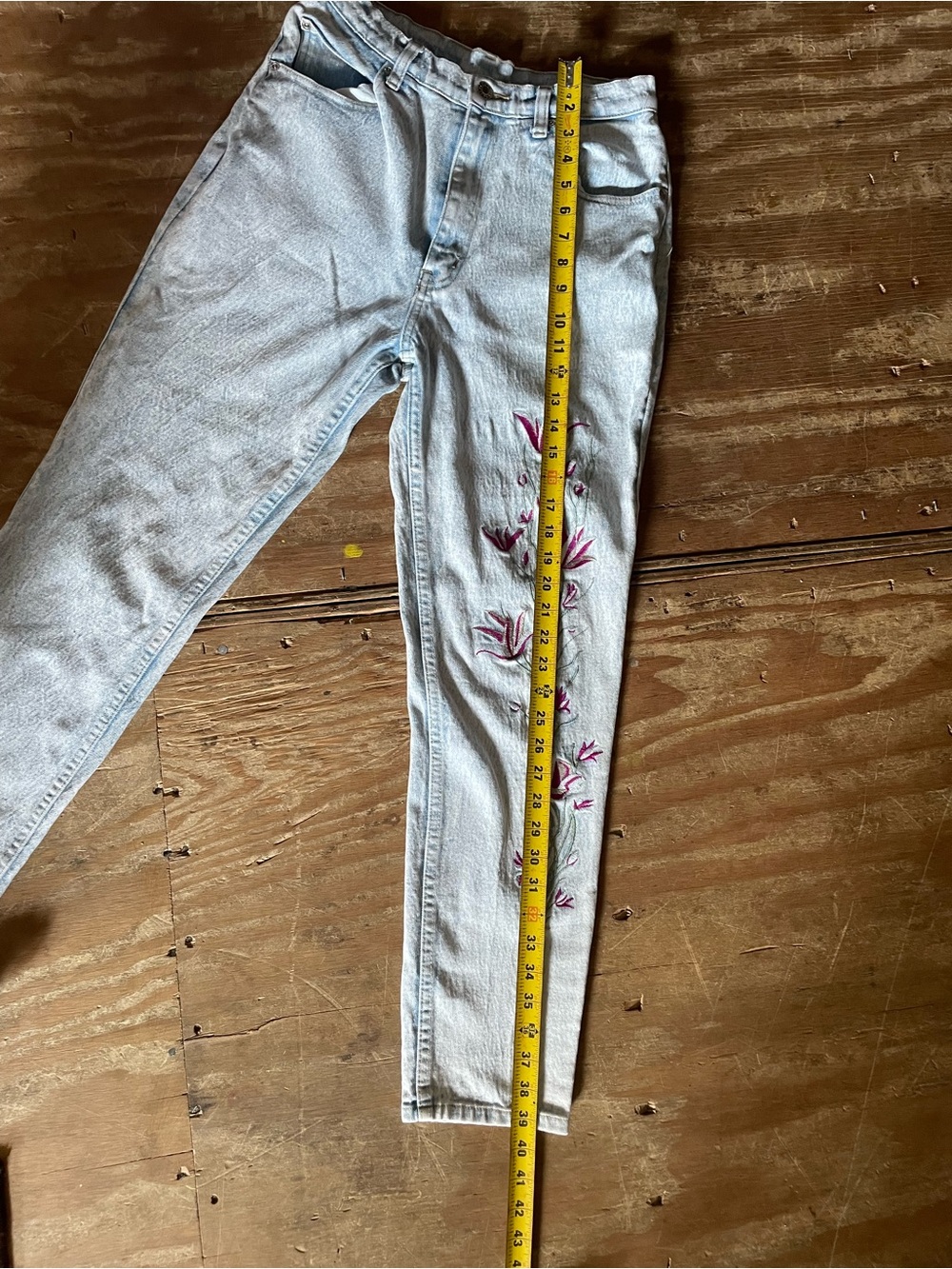 High-Rise Vintage 80’s Acid Wash Jeans with Pink Floral Embroidery - Picture 9 of 9